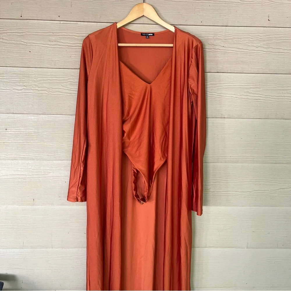 Fashion Nova Orange V-Neck Sleeveless Bodysuit & Cardigan Set 2 Piece Outfit XL - Picture 7 of 8